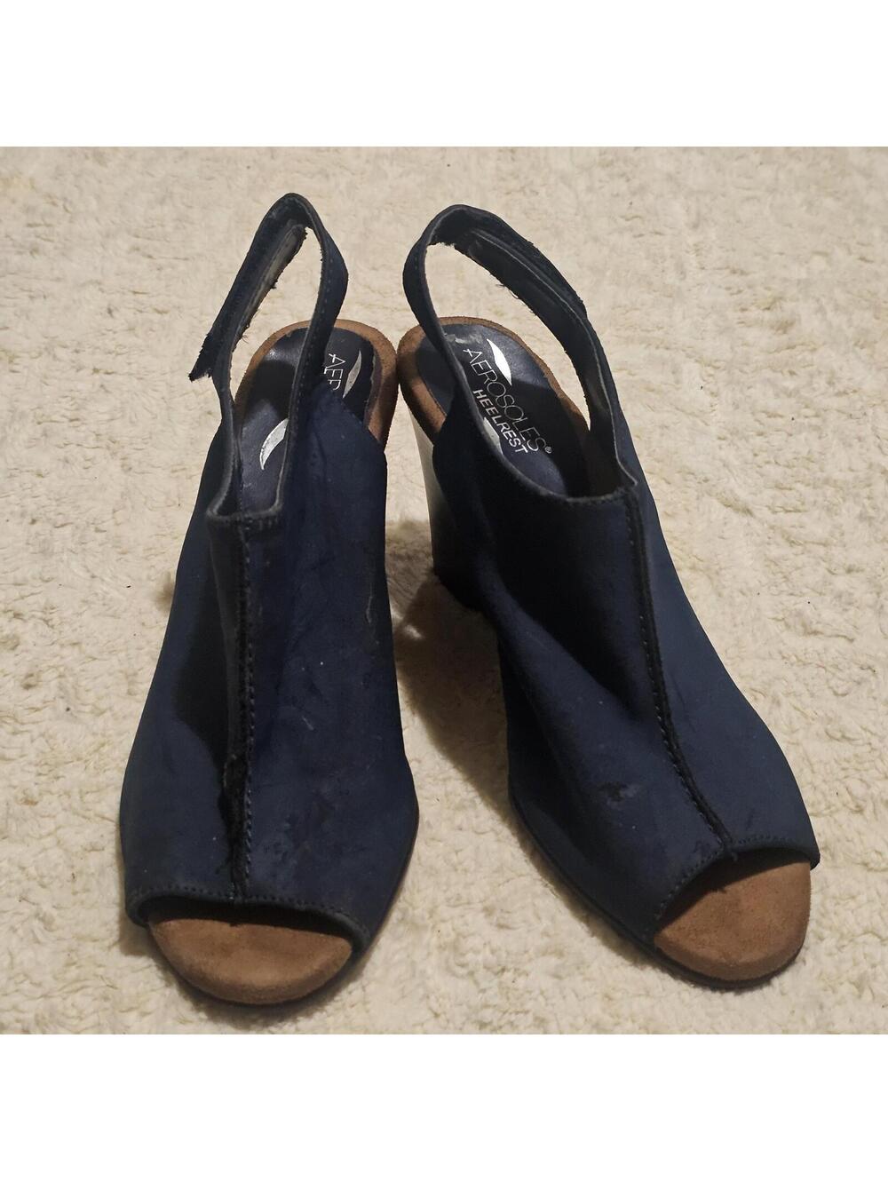 Aerosoles Heelrest Navy Blue Peep Toe Wedge Sandal 9 NWOT